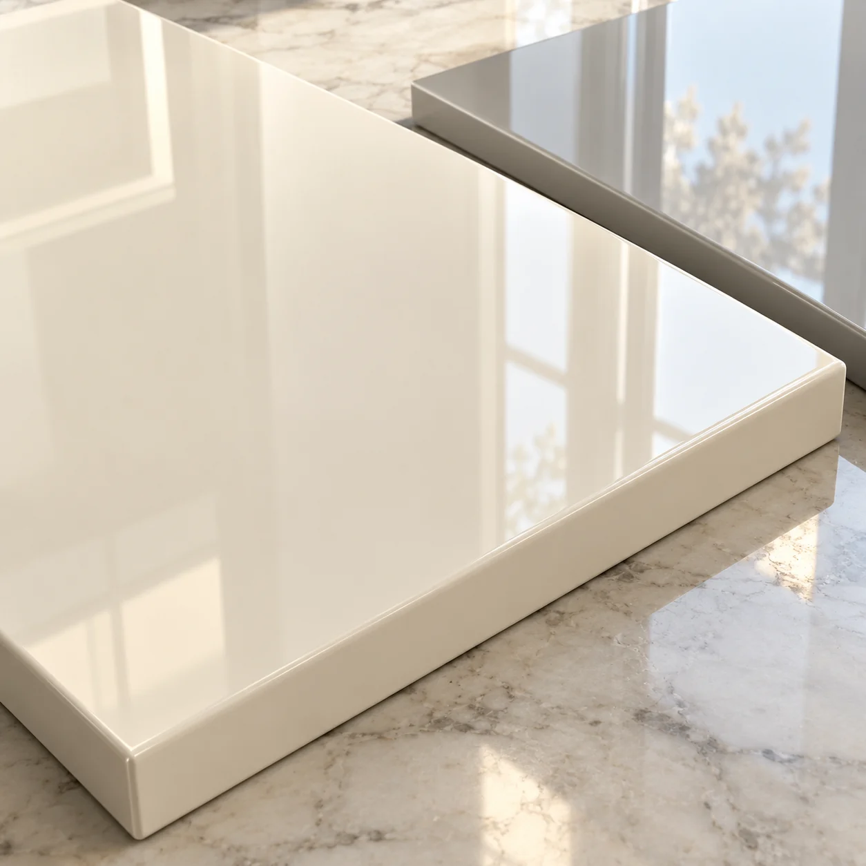 Glossy ivory and pale grey acrylic cabinet panels reflecting soft window light