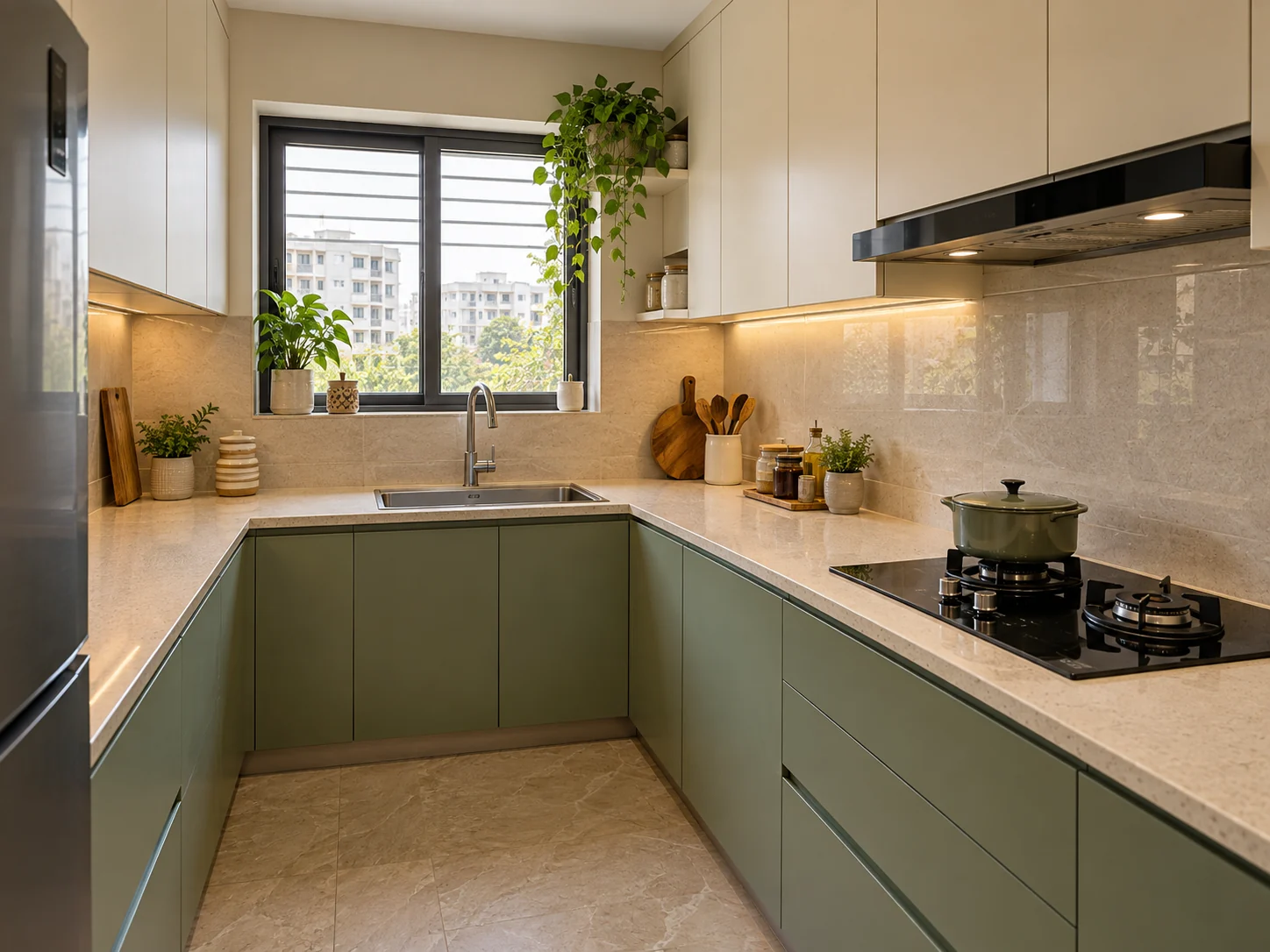 Compact sage green kitchen with cream wall cabinets and a sink beneath the window
