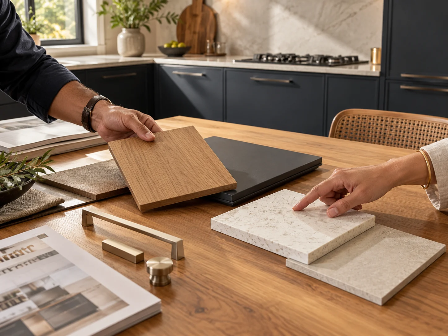 Kitchen cabinet and finish samples laid out for a design consultation