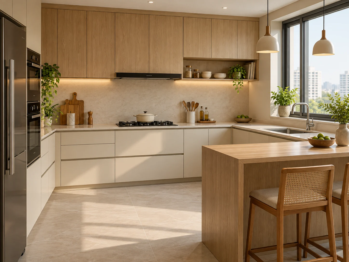 Ivory and pale oak kitchen with a breakfast peninsula and warm under-cabinet lighting
