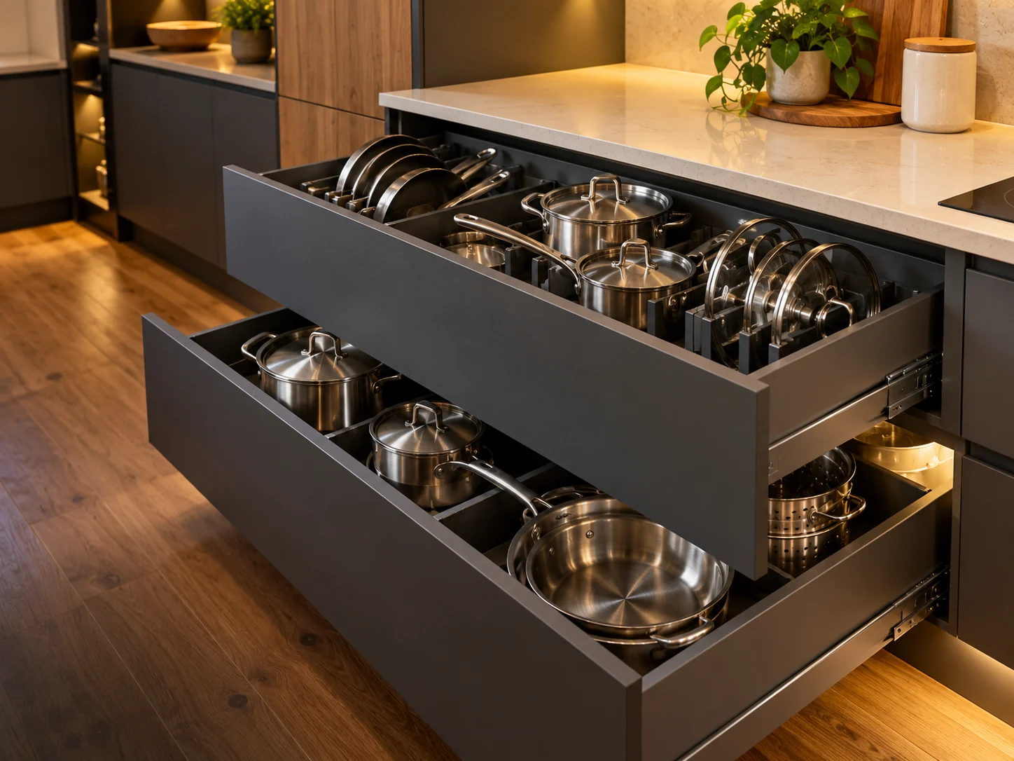 Open deep kitchen drawers with organised stainless steel pots and lids