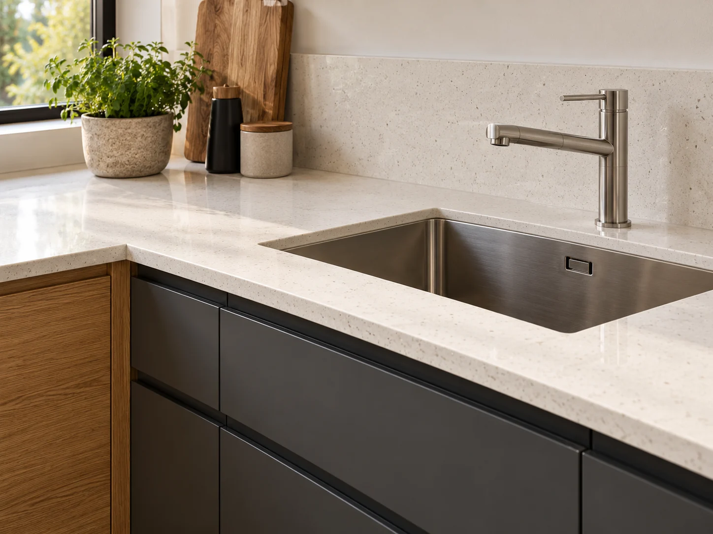 Quartz worktop edge, stainless steel sink and brushed steel tap above graphite drawers
