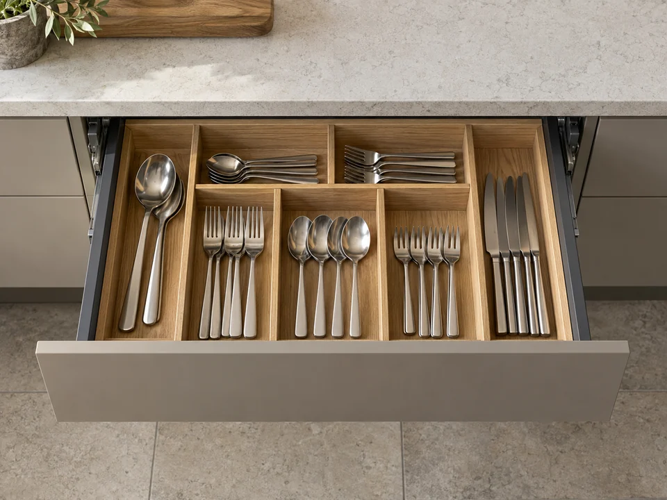 Open kitchen drawer with an oak cutlery organiser and separated stainless steel utensils