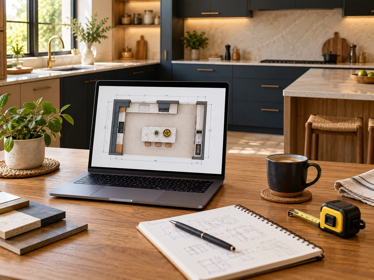 Kitchen layout plans on a laptop beside a notebook at a consultation desk