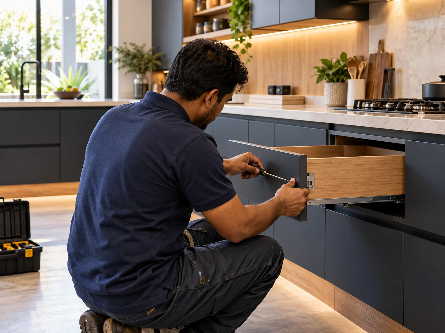 Kitchen installer fitting drawer cabinetry beneath a stone countertop