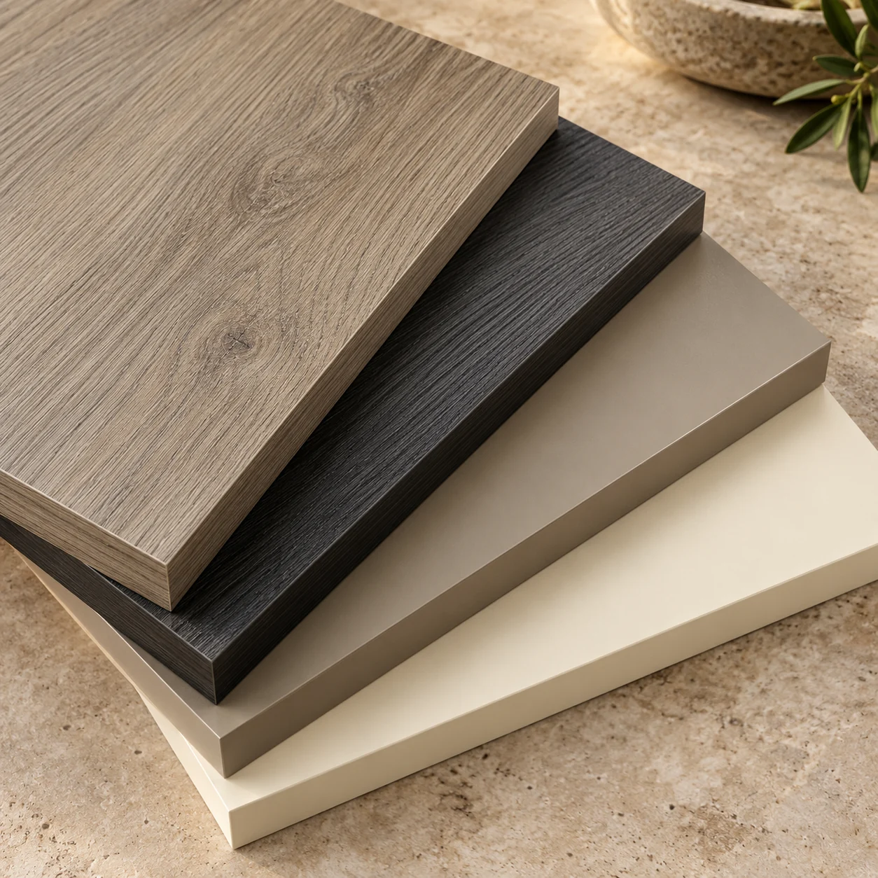 Textured woodgrain, charcoal, greige and cream laminate cabinet samples