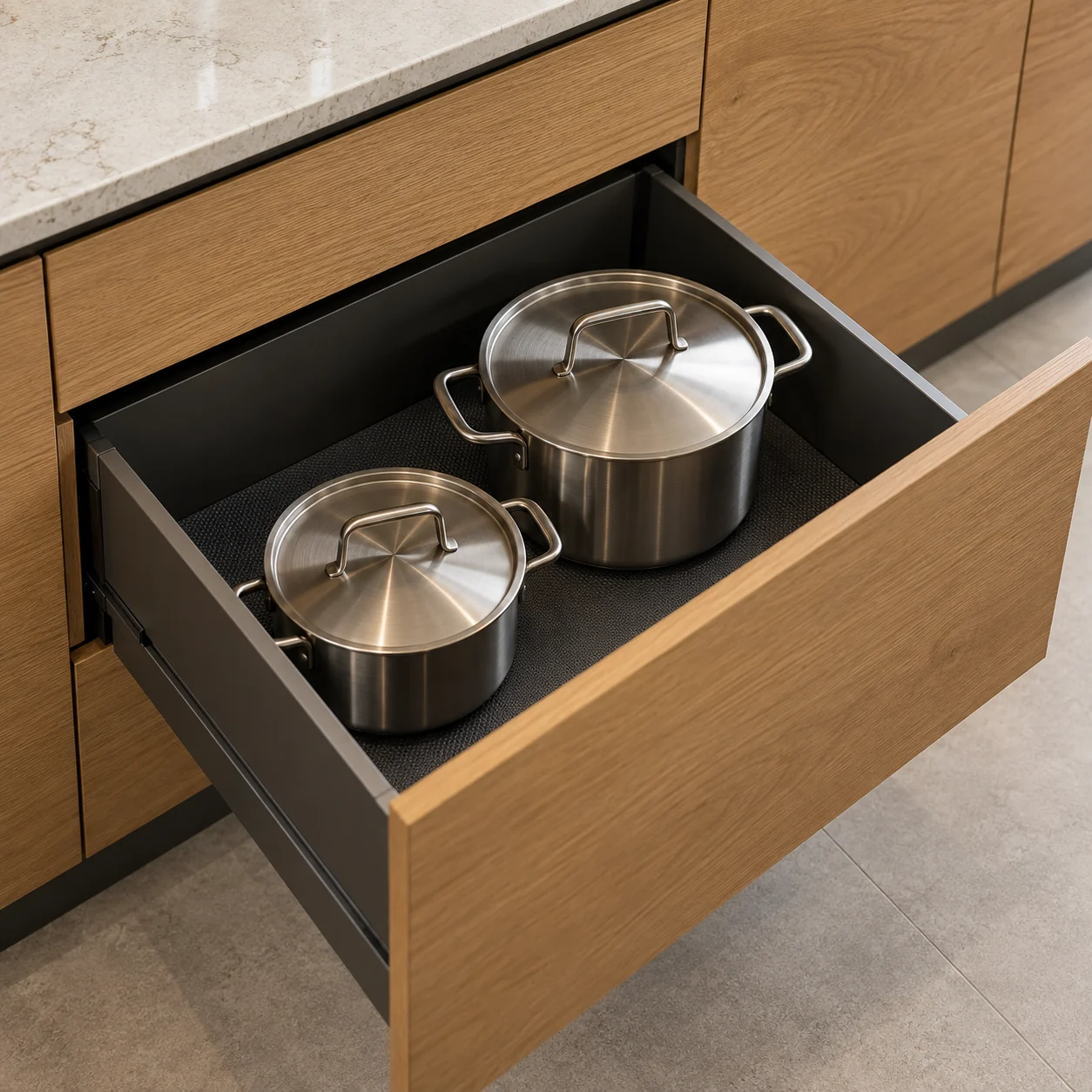 Open deep pan drawer holding stainless steel cookware in oak cabinetry